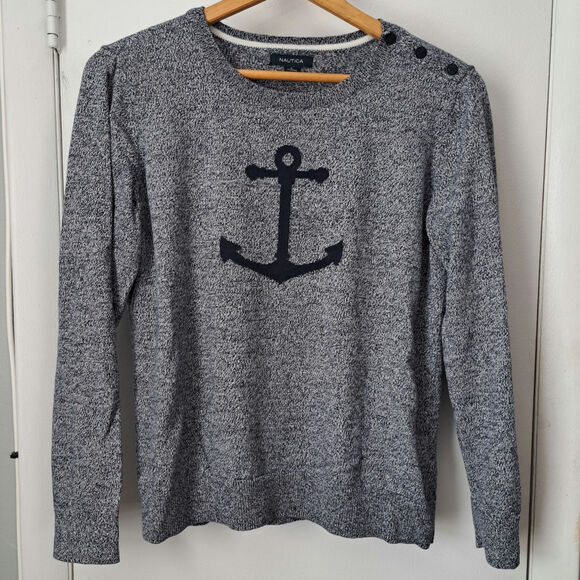 Nautica Sweaters - Nautica Navy Anchor Intarsia Long Sleeve Cotton Sweater Women's Large